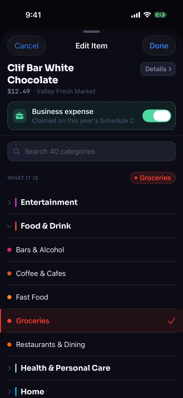 The category picker with one category group expanded