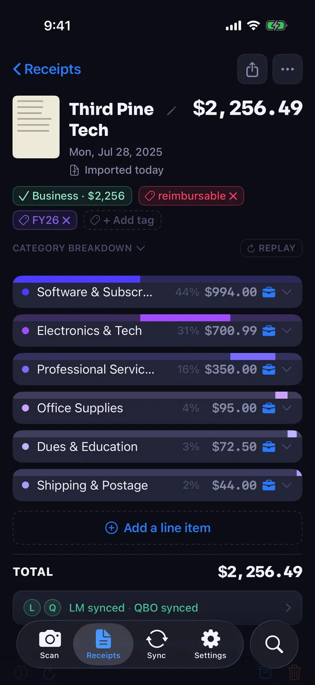 A $2,256.49 software and equipment invoice in Receipt Rabbit, every line marked business and grouped into six categories, with a total and a QuickBooks synced row