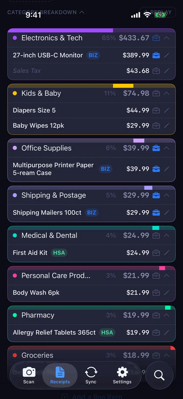 Receipt line items in Receipt Rabbit, each labeled with its own category