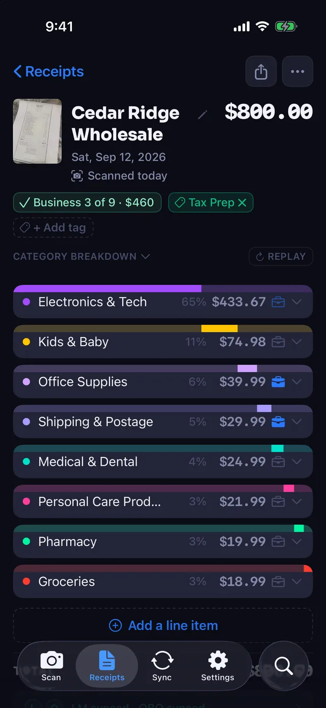A Cedar Ridge Wholesale receipt for $800 in Receipt Rabbit, split into eight categories