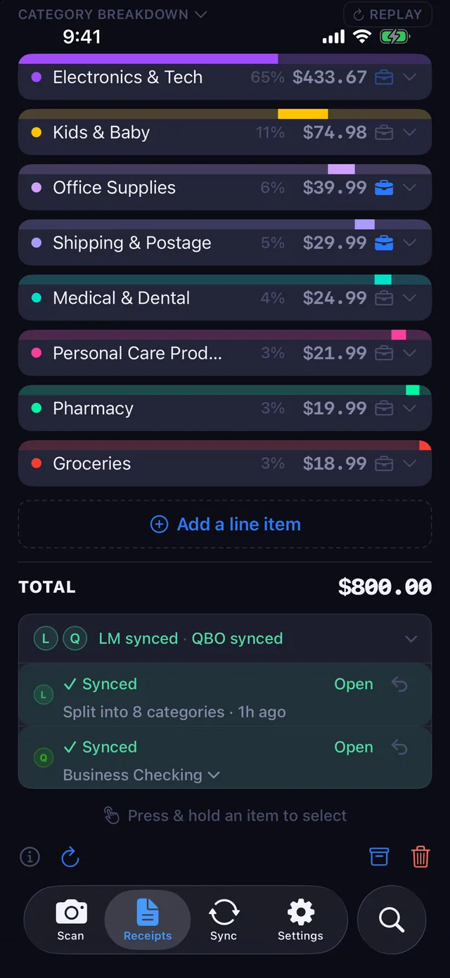 The sync card on an $800 Cedar Ridge Wholesale receipt, synced to Lunch Money as a split into 8 categories and to QuickBooks Online