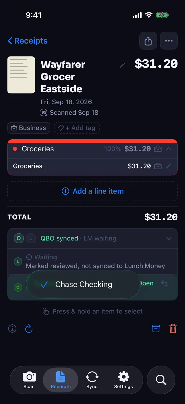 The QuickBooks sync card with the paid-from account menu open