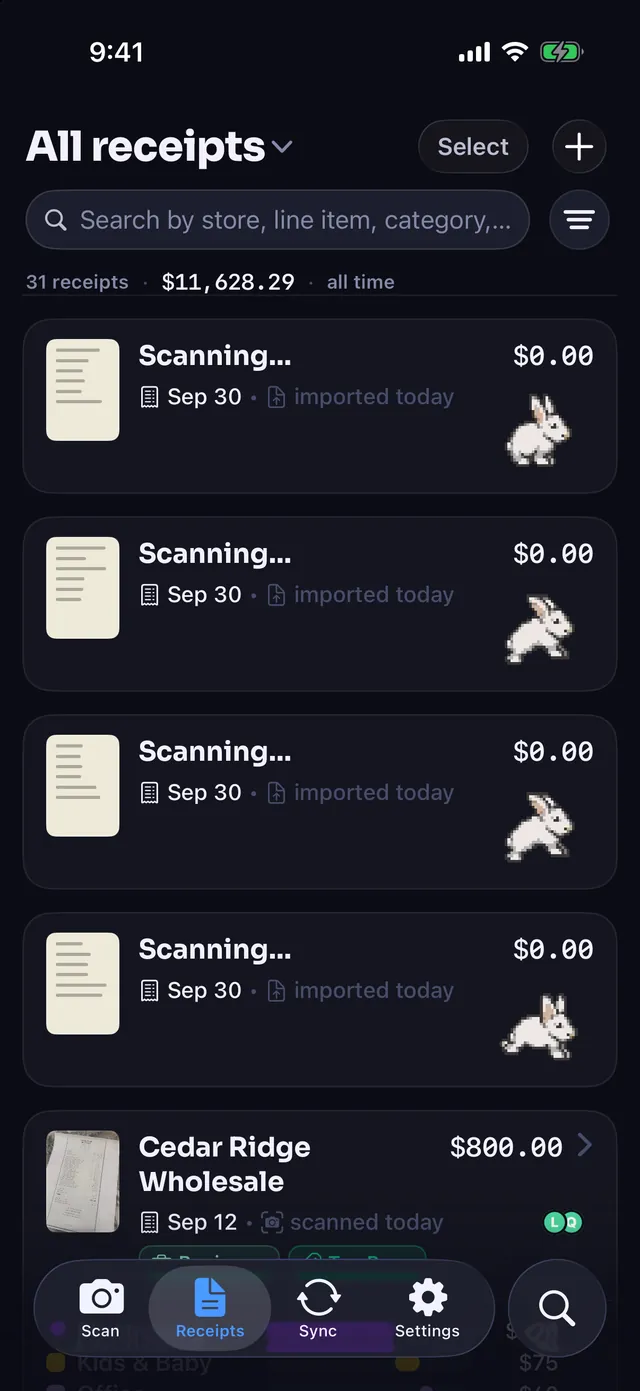 New receipts at the top of the Receipts list, still being read