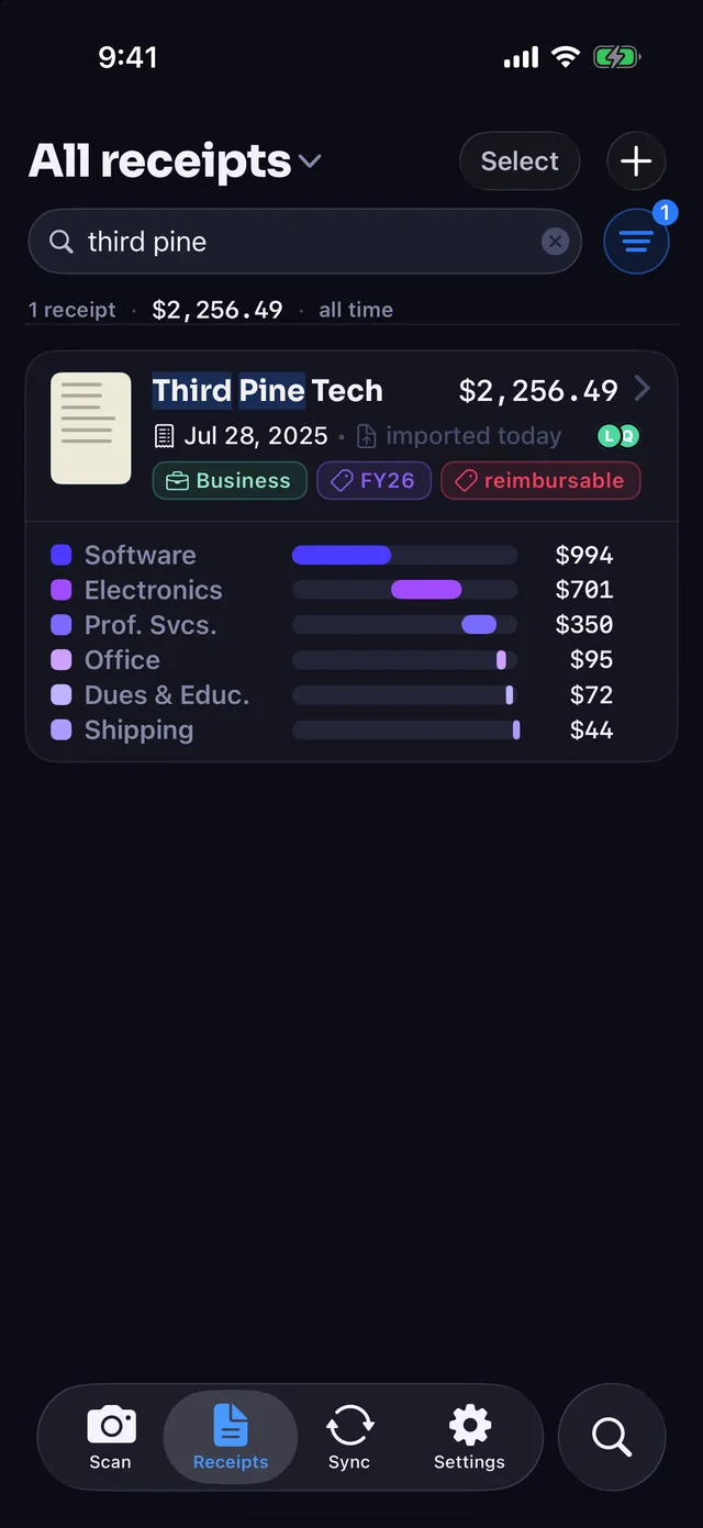 The receipts list searched for the vendor, showing one card with category bars for six categories