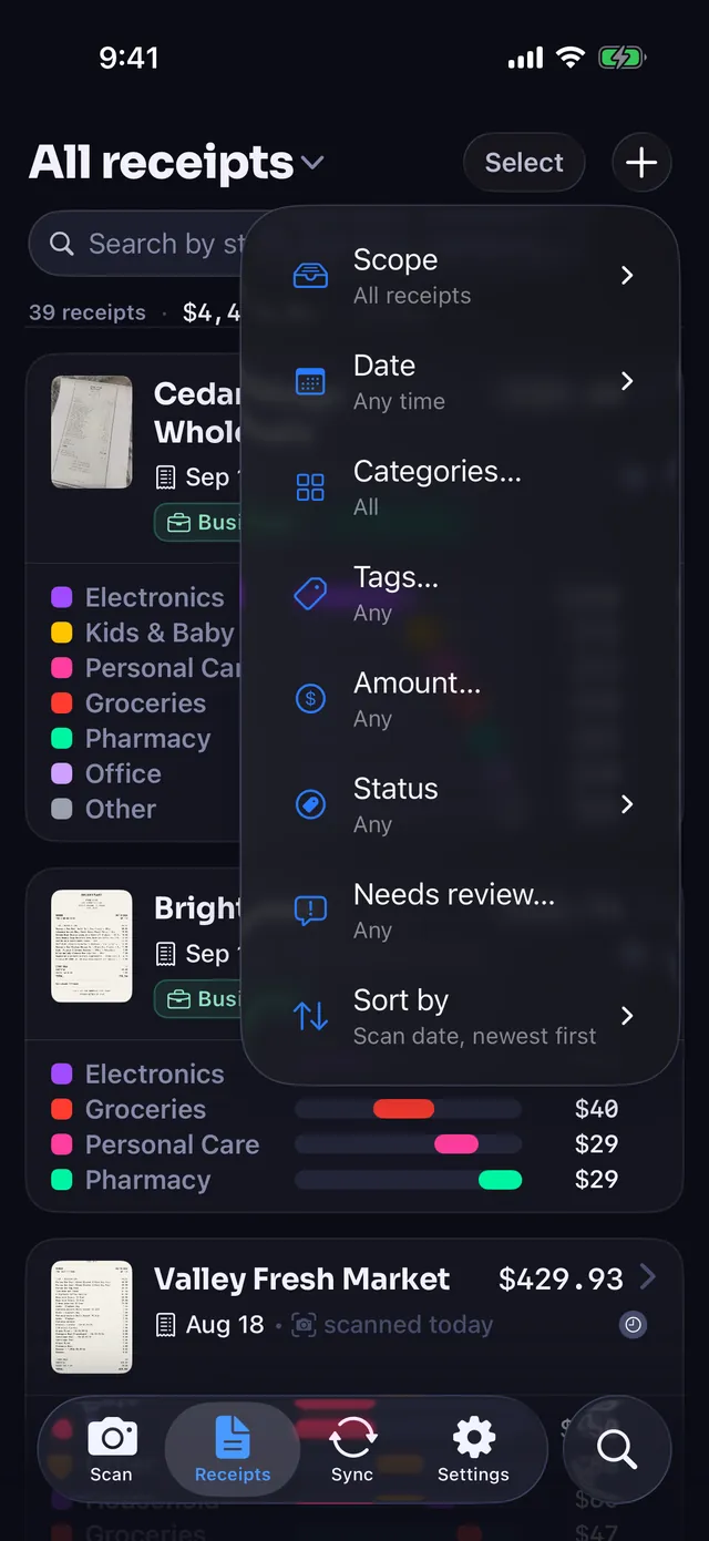 The Receipts filter menu with category, date, tag and amount options