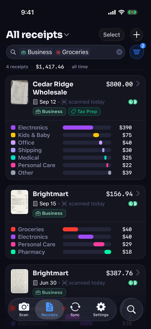 The Receipts list narrowed by two filters