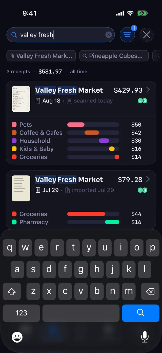 Receipt search with a typed query and matching receipts highlighted