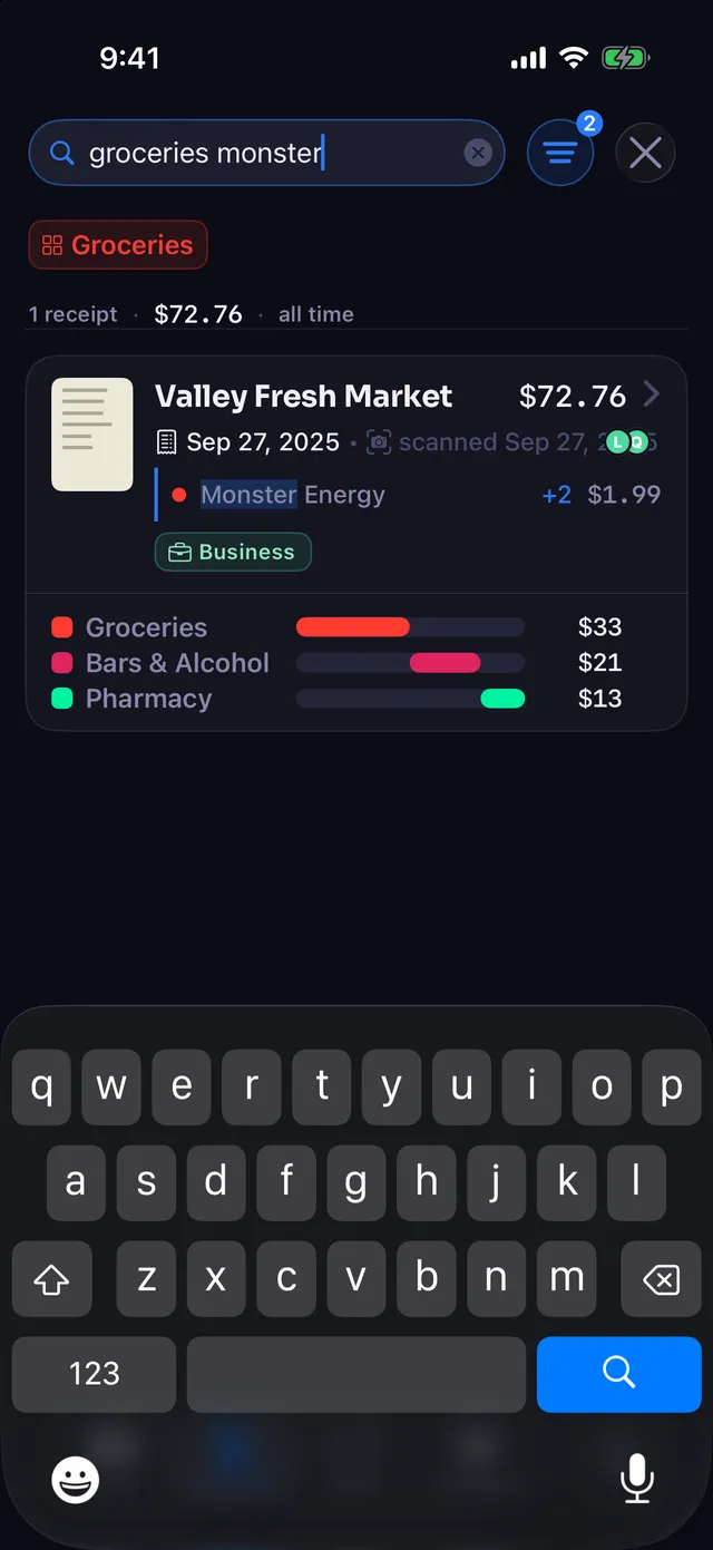 Receipt search with the Groceries chip applied and an item name typed, showing the matching line item highlighted