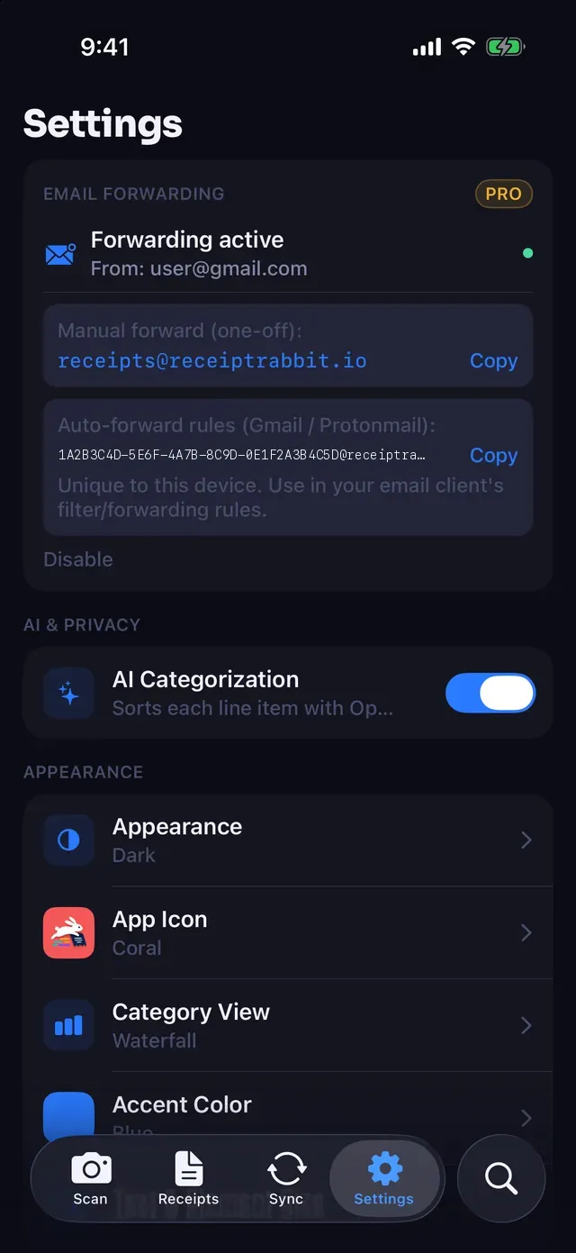 The Email forwarding card in Settings with the one-off and private forwarding addresses