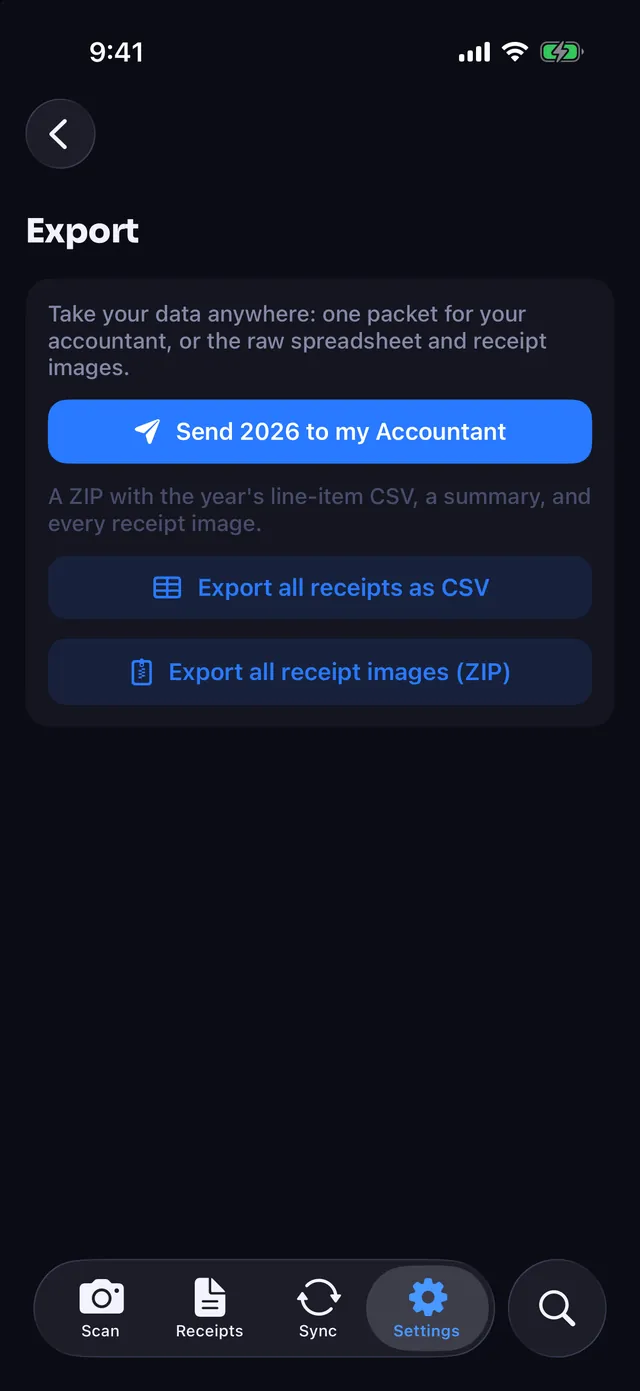 The Export screen: send the year to your accountant, or export every receipt as a CSV or a ZIP of images