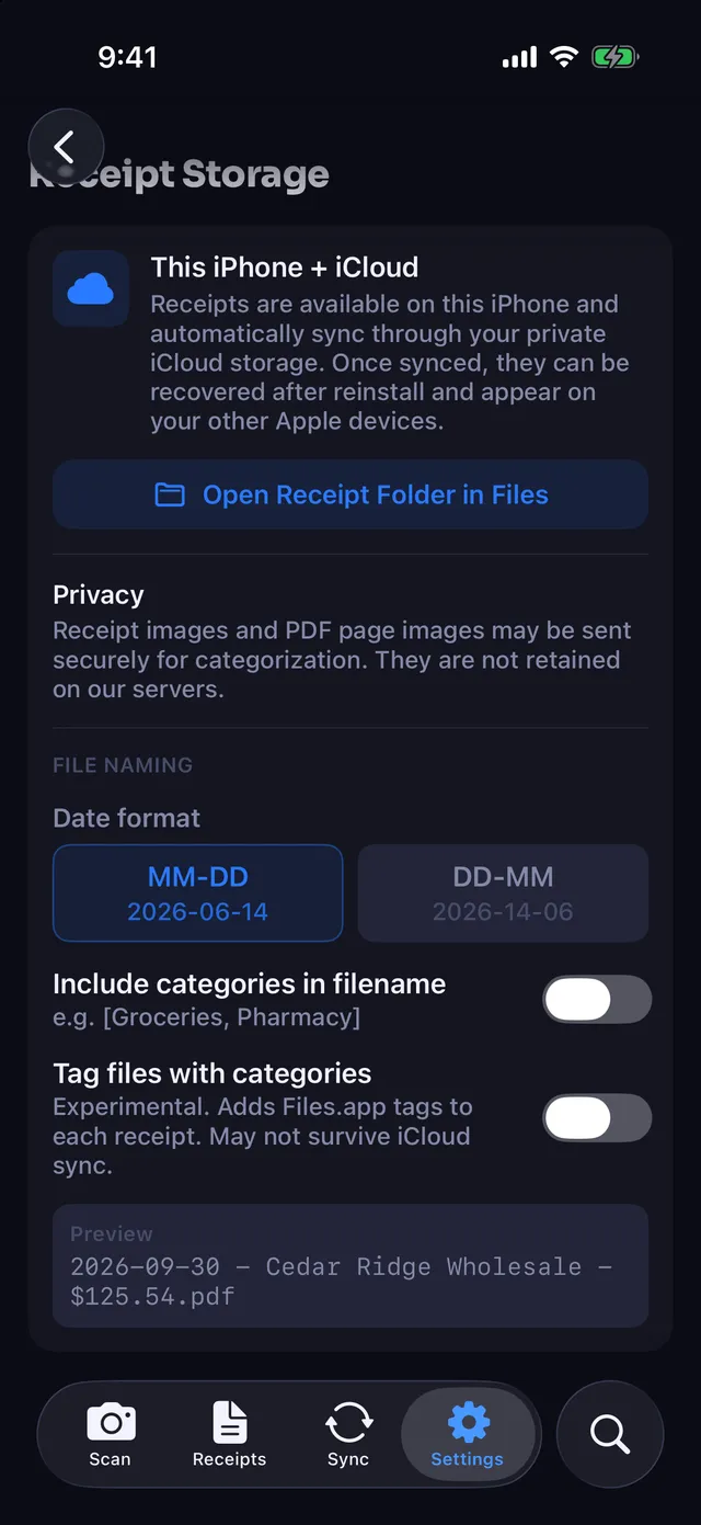 Receipt Storage settings showing This iPhone + iCloud, the Files folder button, and the file naming options for the saved PDFs