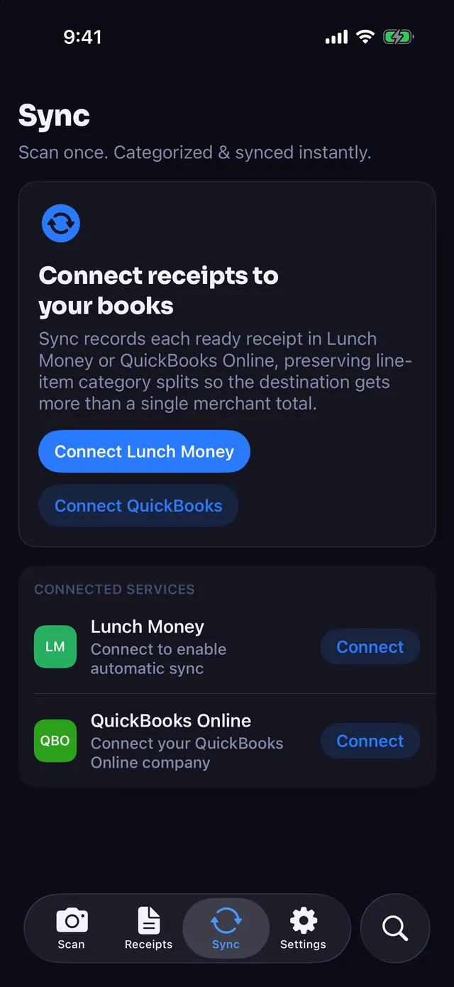 The Sync tab before a destination is connected
