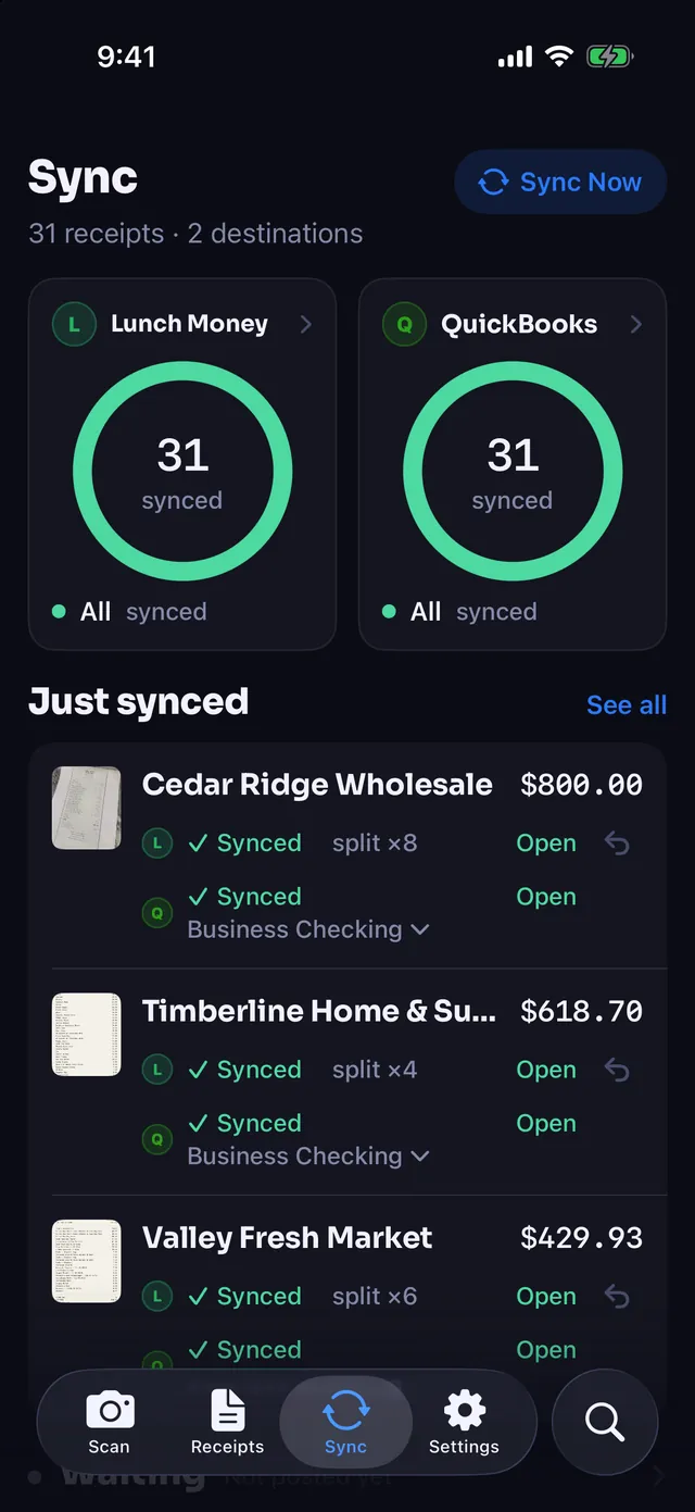 The Sync tab with connected destinations and recently synced receipts