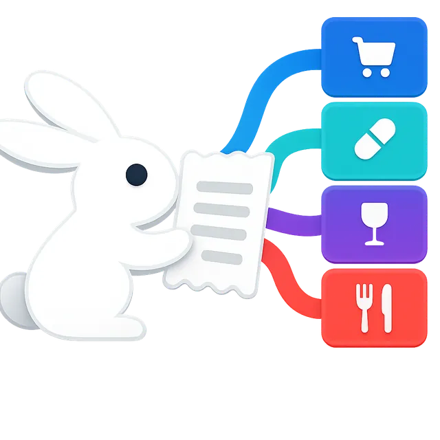 The Receipt Rabbit mascot holding a receipt whose lines run to category tiles for groceries, pharmacy, drinks and dining