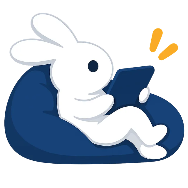 The Receipt Rabbit mascot relaxing in a beanbag chair, reading on a tablet