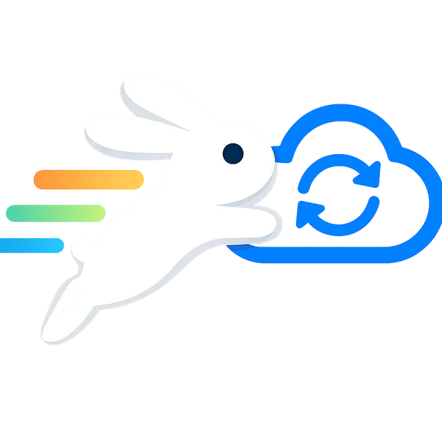 The Receipt Rabbit mascot leaping toward a sync cloud