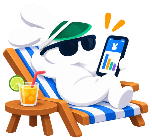 After: the rabbit relaxing in a deck chair with a drink, checking its phone
