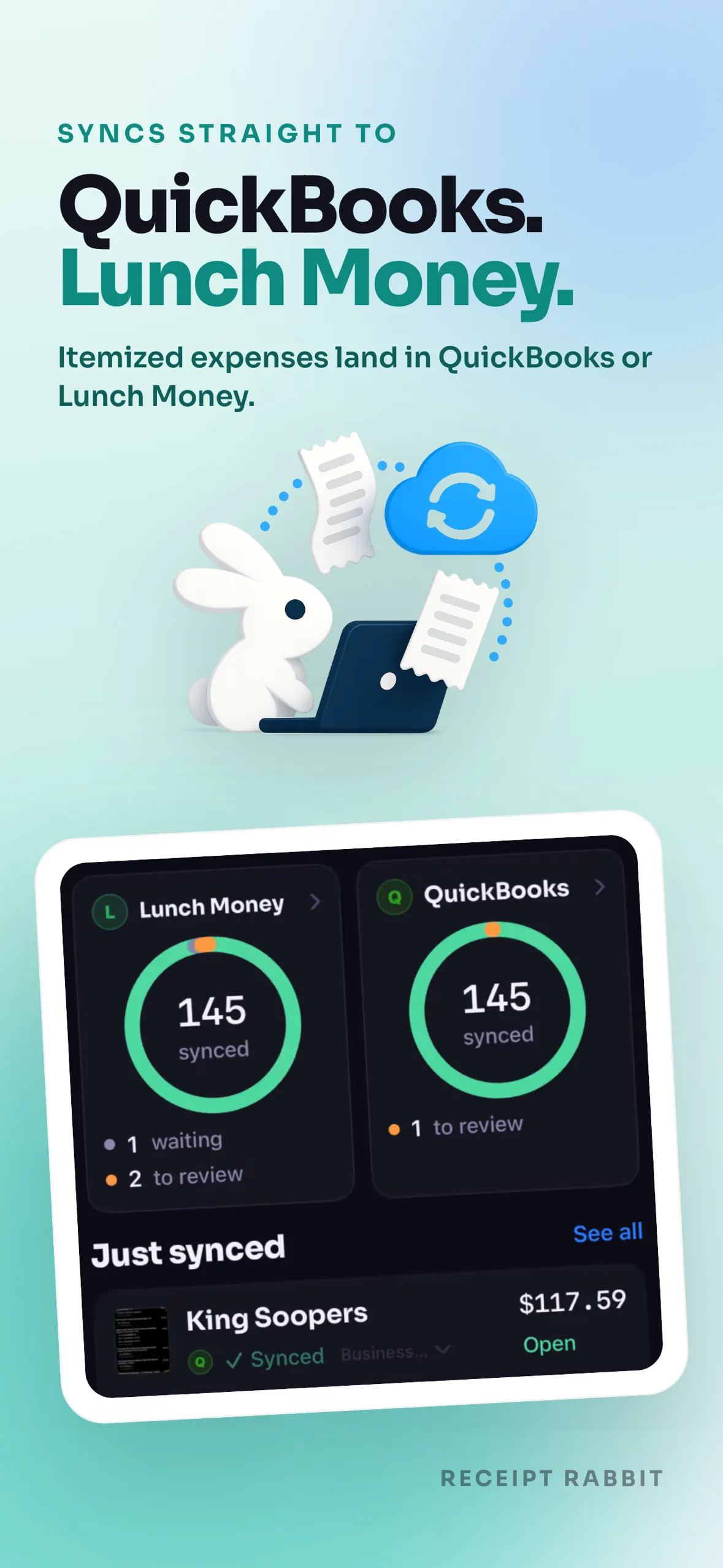 Syncs to QuickBooks Online and Lunch Money