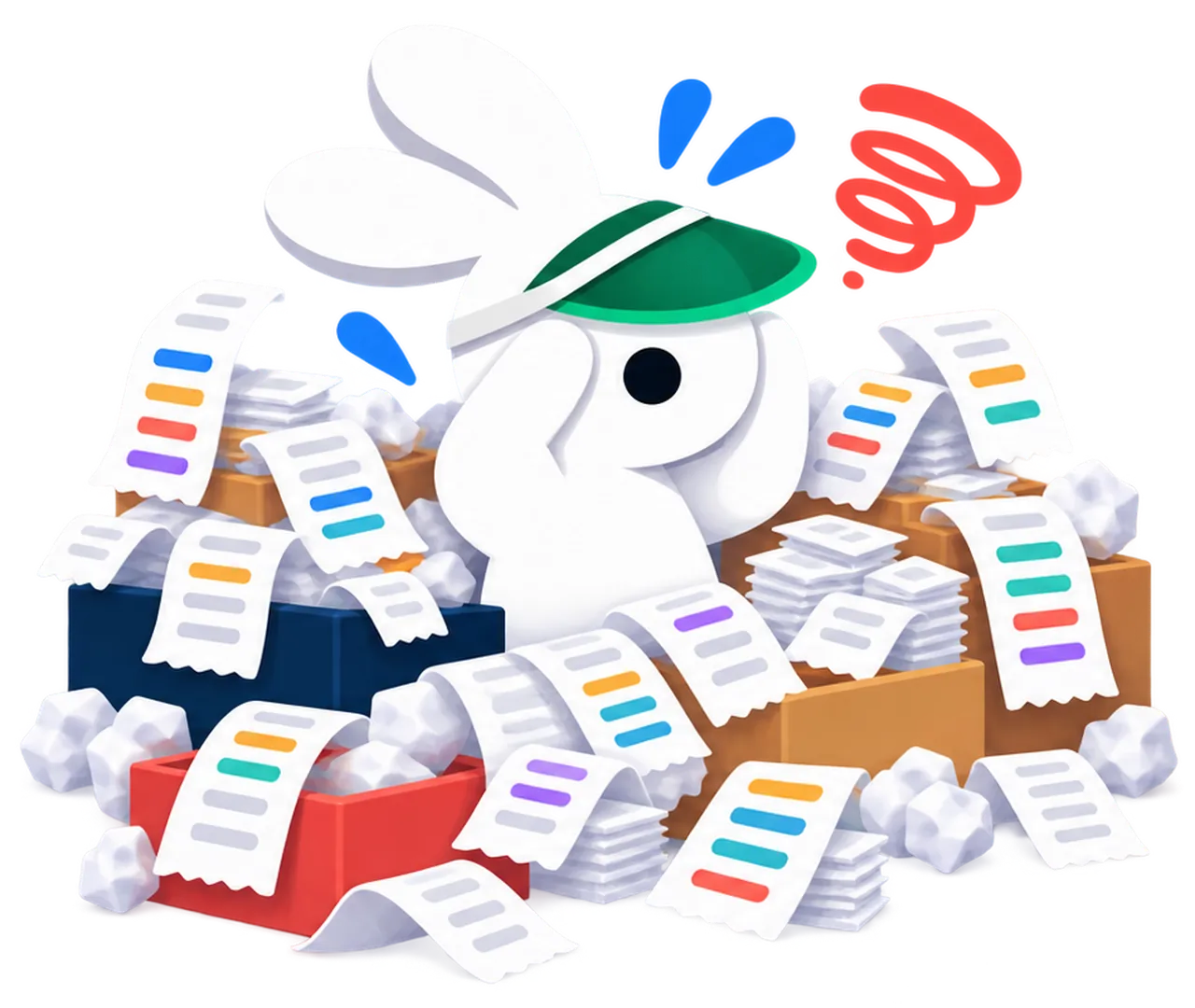A stressed white rabbit surrounded by piles of receipt slips